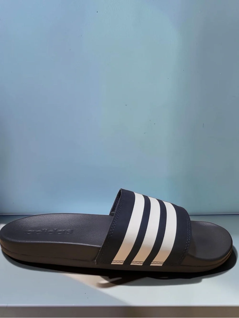 adidas Men's Blue Slide Sandal with White Stripes - Casual Pool/Beach Slide